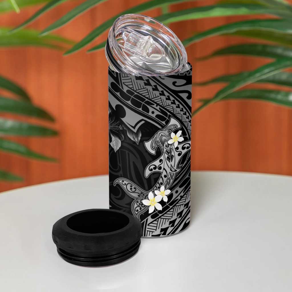 Polynesia Hammerhead Shark 4 in 1 Can Cooler Tumbler Tropical Flowers Tribal Pattern Black
