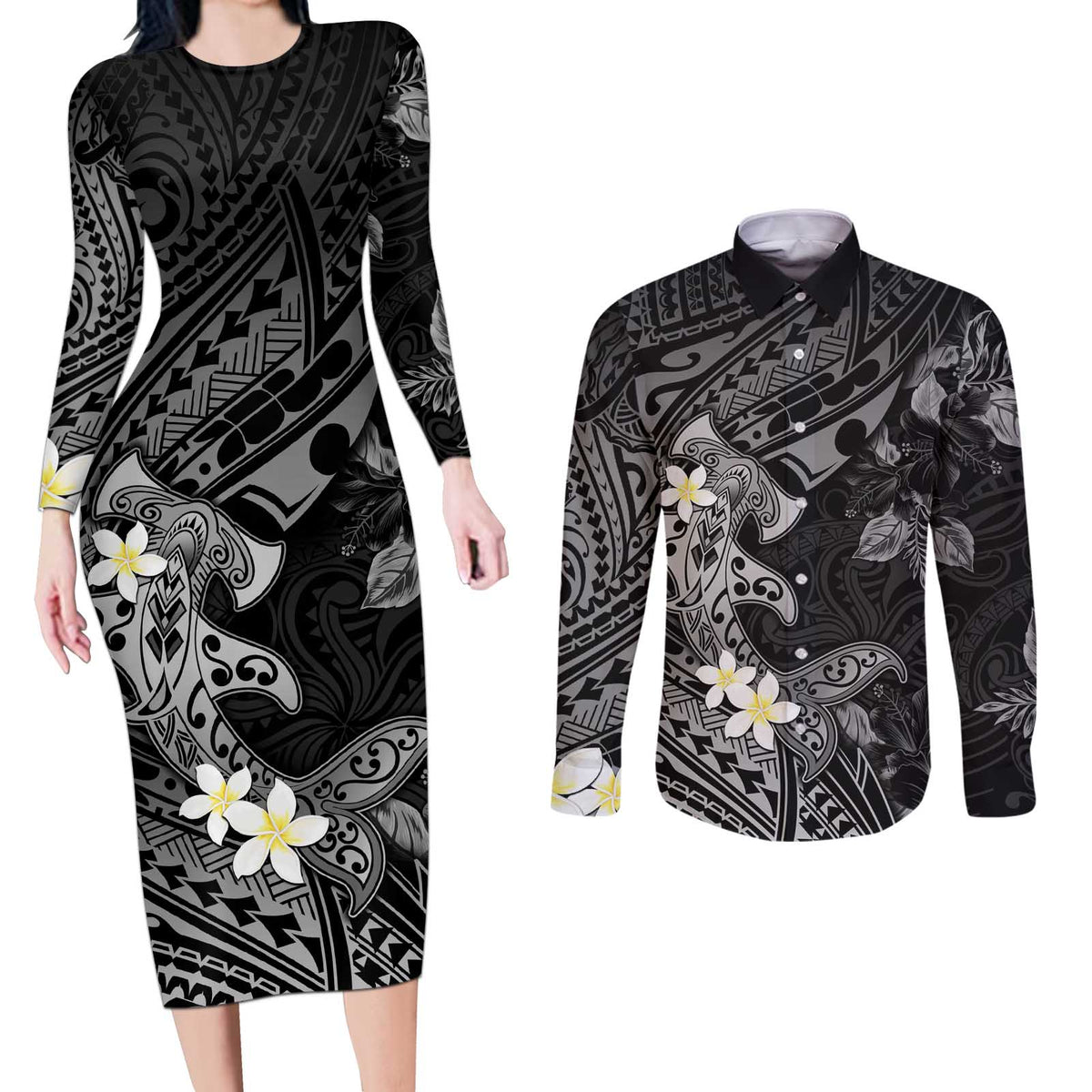 Polynesia Hammerhead Shark Couples Matching Long Sleeve Bodycon Dress and Long Sleeve Button Shirt Tropical Flowers Tribal Pattern Black