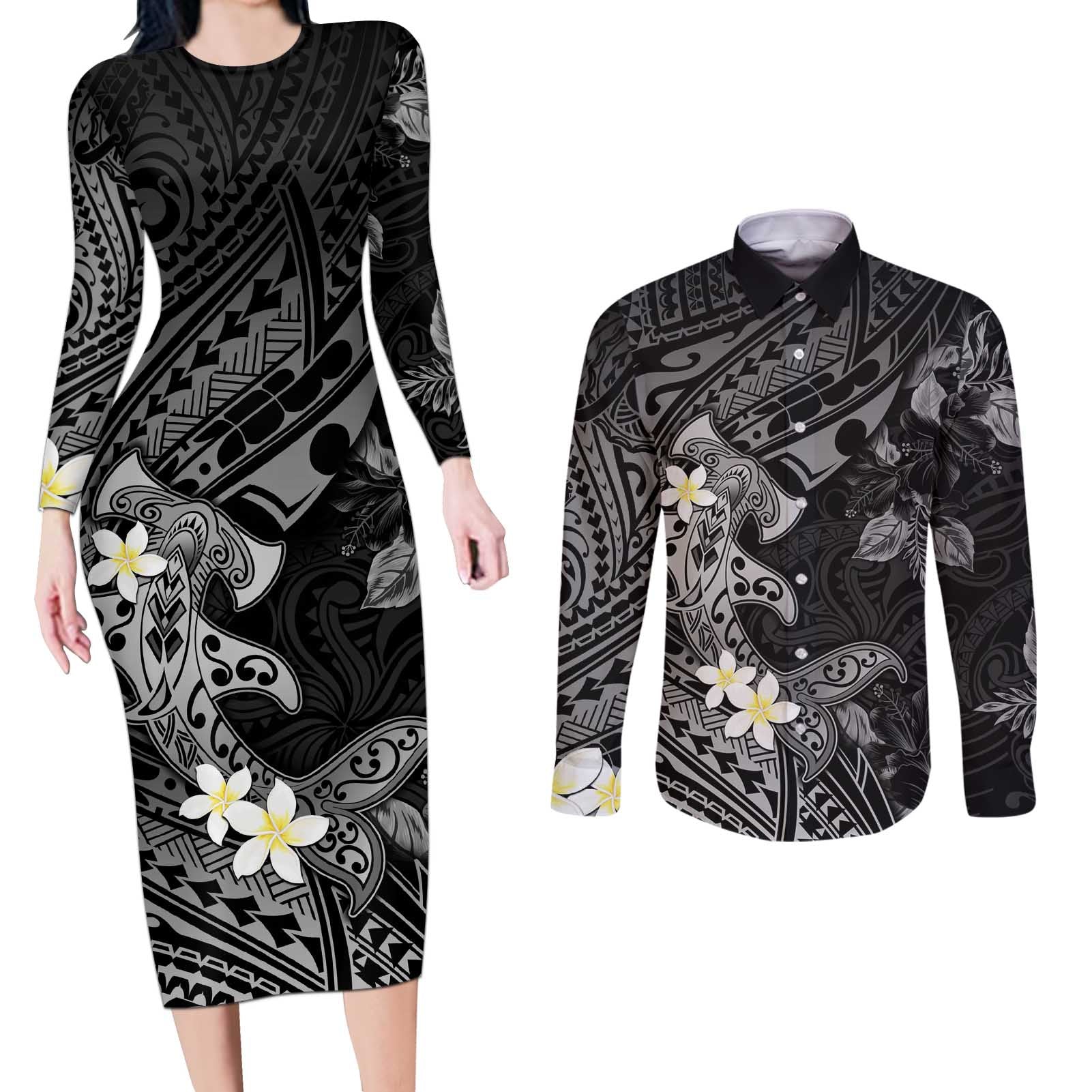 Polynesia Hammerhead Shark Couples Matching Long Sleeve Bodycon Dress and Long Sleeve Button Shirt Tropical Flowers Tribal Pattern Black
