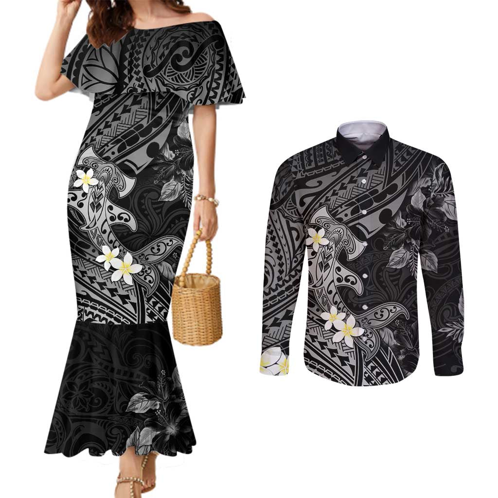 Polynesia Hammerhead Shark Couples Matching Mermaid Dress and Long Sleeve Button Shirt Tropical Flowers Tribal Pattern Black