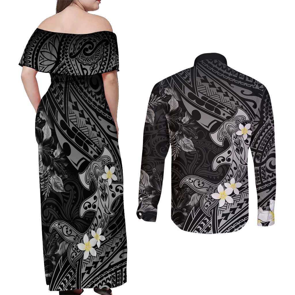 Polynesia Hammerhead Shark Couples Matching Off Shoulder Maxi Dress and Long Sleeve Button Shirt Tropical Flowers Tribal Pattern Black