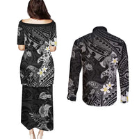 Polynesia Hammerhead Shark Couples Matching Puletasi and Long Sleeve Button Shirt Tropical Flowers Tribal Pattern Black