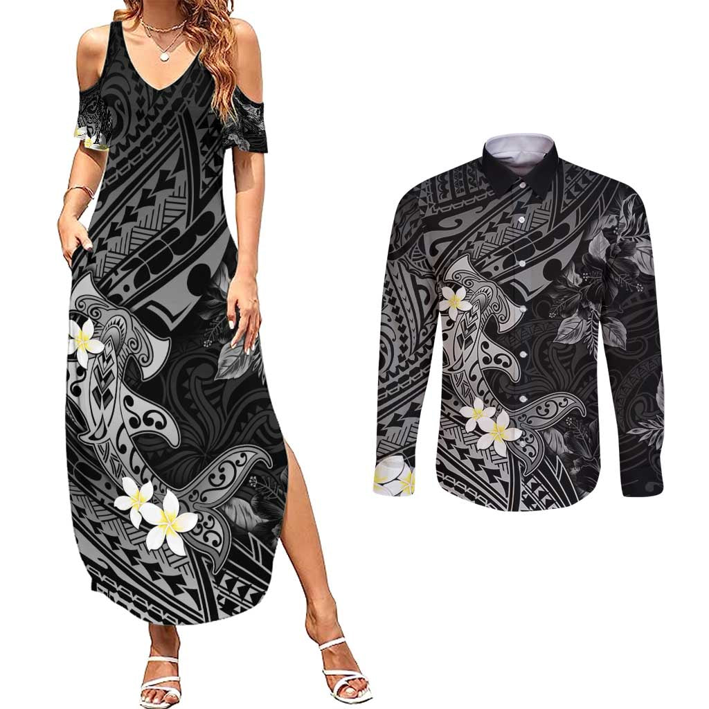 Polynesia Hammerhead Shark Couples Matching Summer Maxi Dress and Long Sleeve Button Shirt Tropical Flowers Tribal Pattern Black