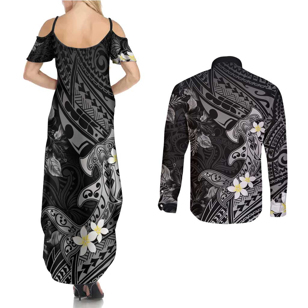 Polynesia Hammerhead Shark Couples Matching Summer Maxi Dress and Long Sleeve Button Shirt Tropical Flowers Tribal Pattern Black
