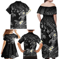 Polynesia Hammerhead Shark Family Matching Off Shoulder Maxi Dress and Hawaiian Shirt Tropical Flowers Tribal Pattern Black
