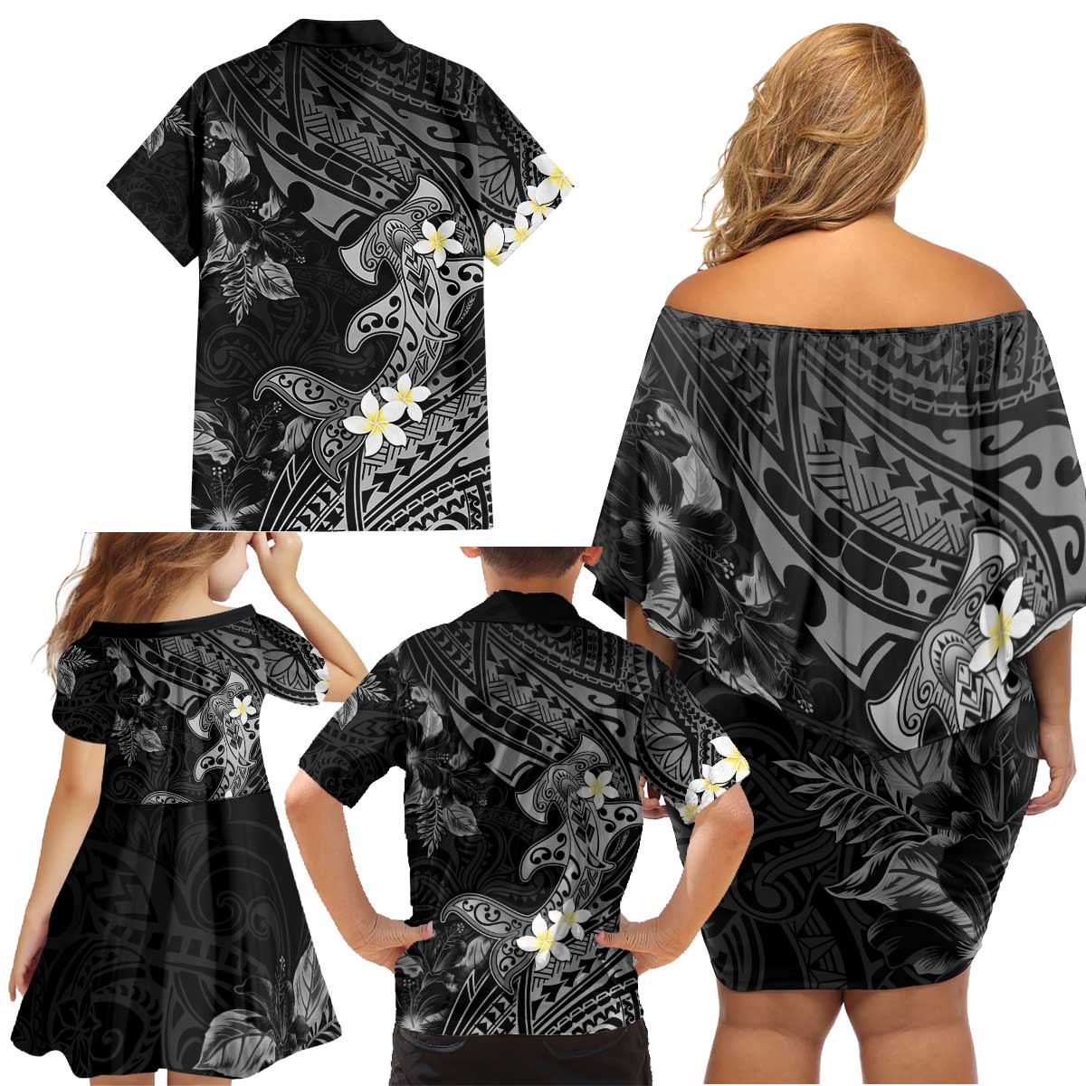 Polynesia Hammerhead Shark Family Matching Off Shoulder Short Dress and Hawaiian Shirt Tropical Flowers Tribal Pattern Black