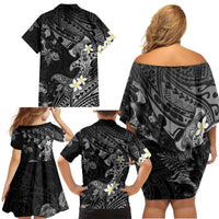 Polynesia Hammerhead Shark Family Matching Off Shoulder Short Dress and Hawaiian Shirt Tropical Flowers Tribal Pattern Black