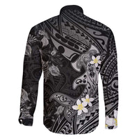 Polynesia Hammerhead Shark Family Matching Off Shoulder Short Dress and Hawaiian Shirt Tropical Flowers Tribal Pattern Black