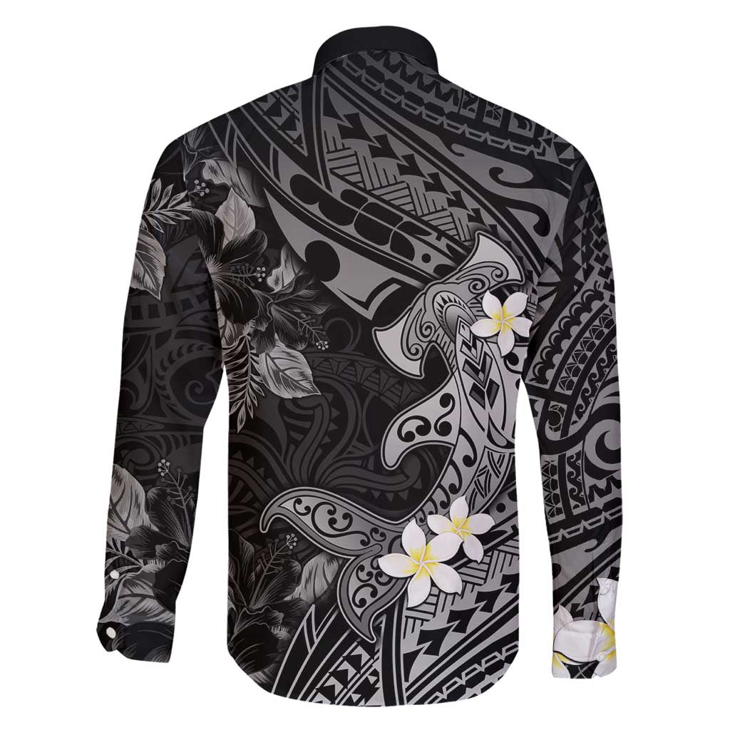 Polynesia Hammerhead Shark Family Matching Tank Maxi Dress and Hawaiian Shirt Tropical Flowers Tribal Pattern Black