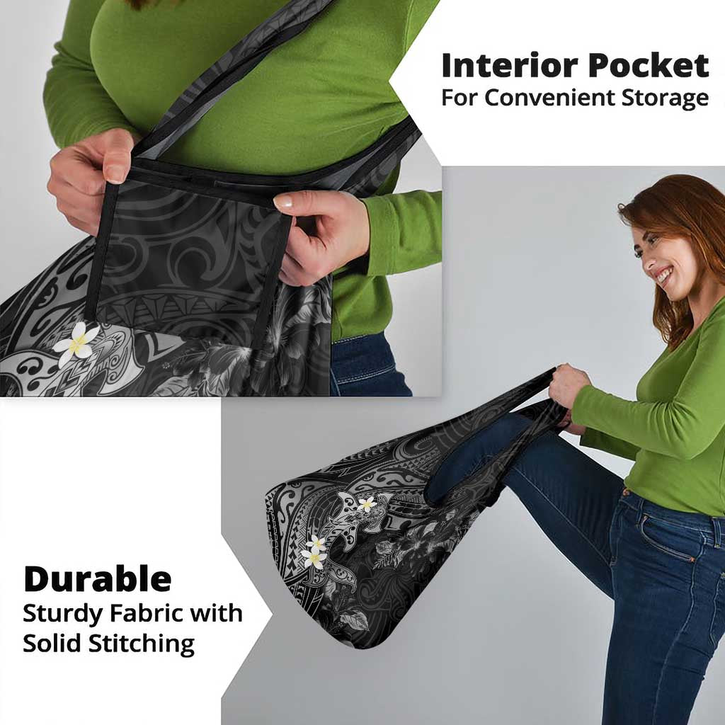 Polynesia Hammerhead Shark Grocery Bag Tropical Flowers Tribal Pattern Black