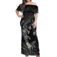 Polynesia Hammerhead Shark Off Shoulder Maxi Dress Tropical Flowers Tribal Pattern Black