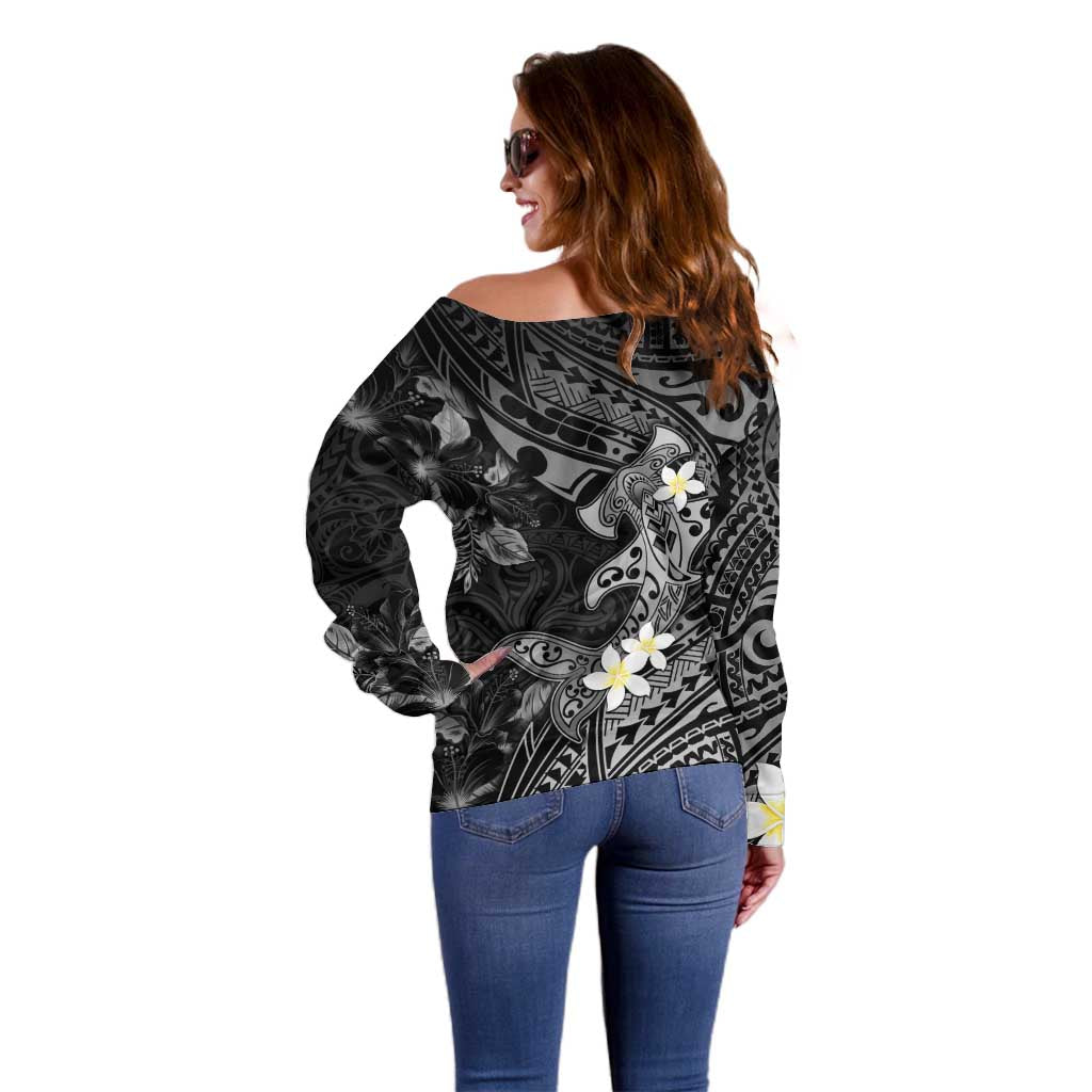 Polynesia Hammerhead Shark Off Shoulder Sweater Tropical Flowers Tribal Pattern Black