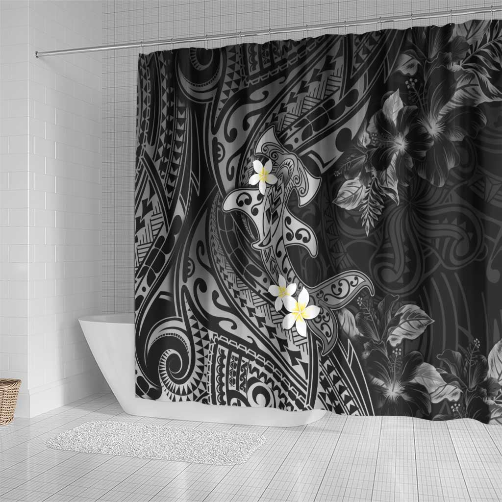 Polynesia Hammerhead Shark Shower Curtain Tropical Flowers Tribal Pattern Black