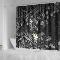 Polynesia Hammerhead Shark Shower Curtain Tropical Flowers Tribal Pattern Black