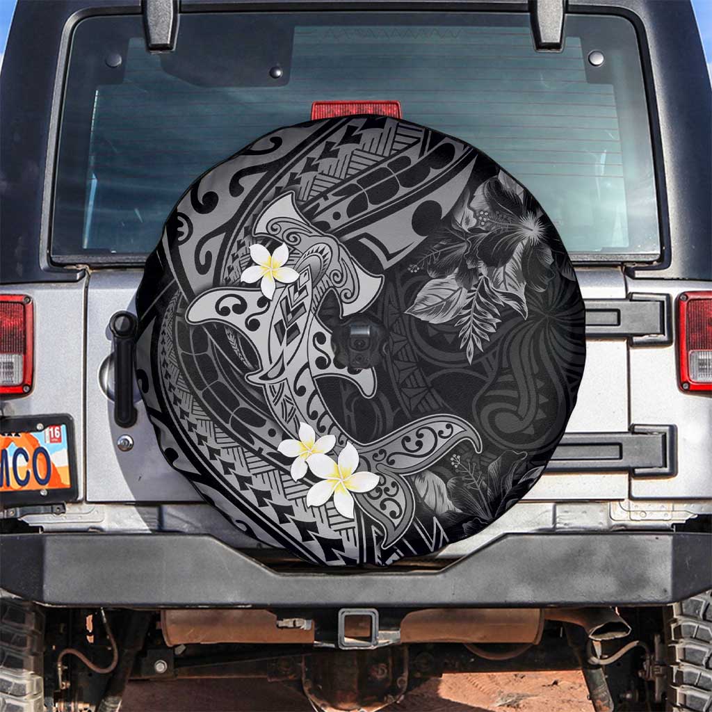 Polynesia Hammerhead Shark Spare Tire Cover Tropical Flowers Tribal Pattern Black LT05 Black - Polynesian Pride