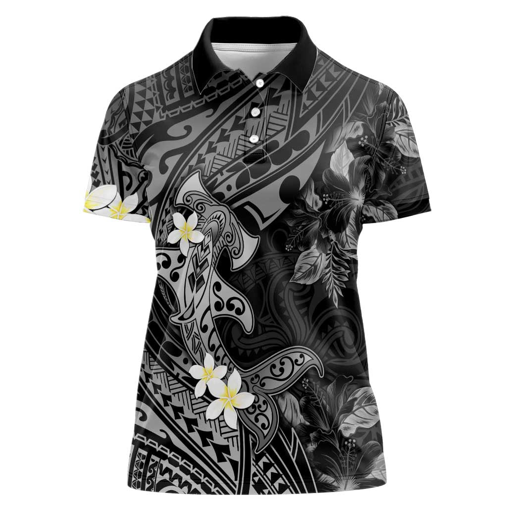 Polynesia Hammerhead Shark Women Polo Shirt Tropical Flowers Tribal Pattern Black LT05 Female Black - Polynesian Pride