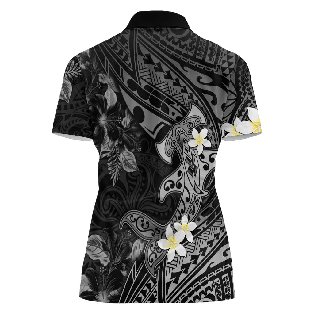 Polynesia Hammerhead Shark Women Polo Shirt Tropical Flowers Tribal Pattern Black LT05 - Polynesian Pride