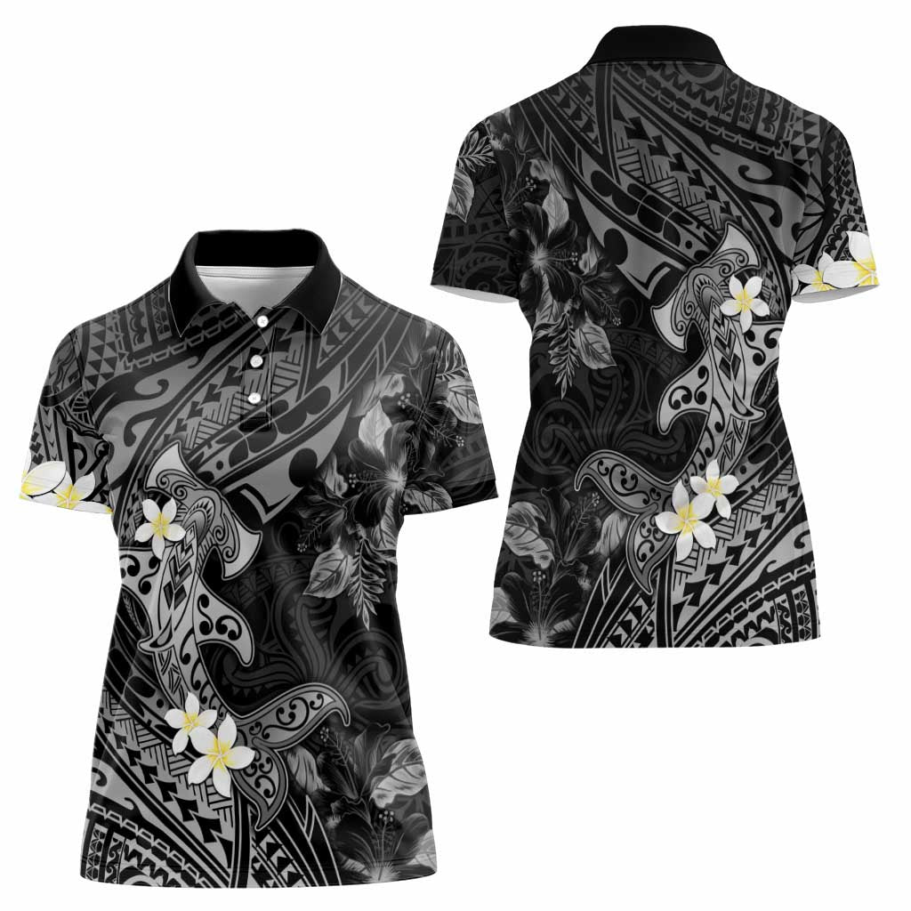 Polynesia Hammerhead Shark Women Polo Shirt Tropical Flowers Tribal Pattern Black LT05 - Polynesian Pride