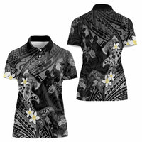 Polynesia Hammerhead Shark Women Polo Shirt Tropical Flowers Tribal Pattern Black LT05 - Polynesian Pride