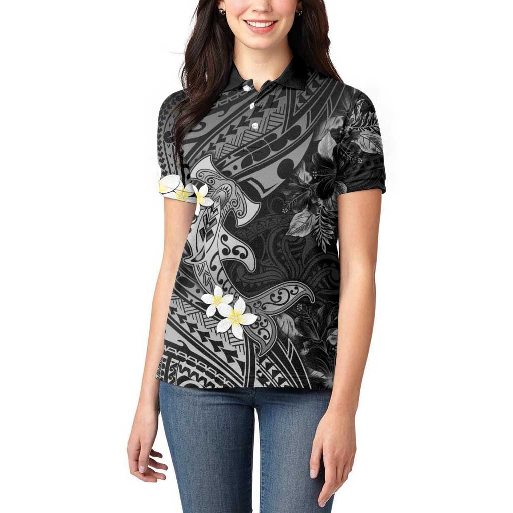 Polynesia Hammerhead Shark Women Polo Shirt Tropical Flowers Tribal Pattern Black LT05 - Polynesian Pride