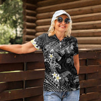 Polynesia Hammerhead Shark Women Polo Shirt Tropical Flowers Tribal Pattern Black LT05 - Polynesian Pride