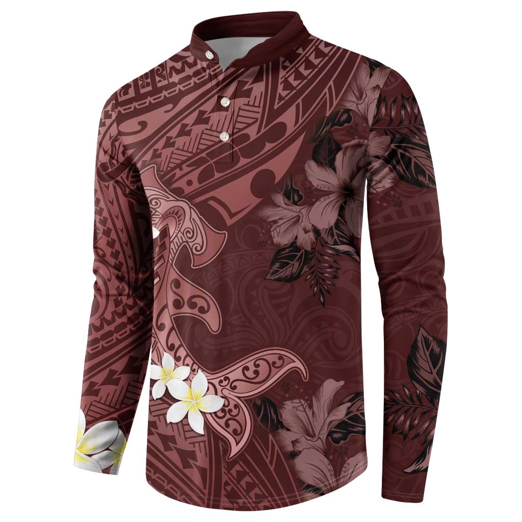 Polynesia Hammerhead Shark Button Sweatshirt Tropical Flowers Tribal Pattern Oxblood