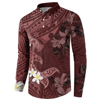 Polynesia Hammerhead Shark Button Sweatshirt Tropical Flowers Tribal Pattern Oxblood