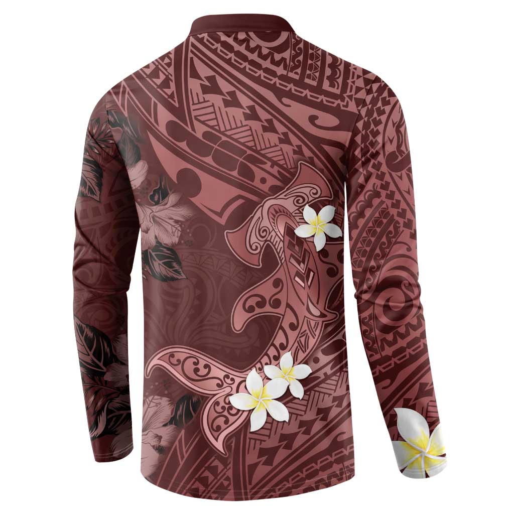 Polynesia Hammerhead Shark Button Sweatshirt Tropical Flowers Tribal Pattern Oxblood