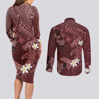 Polynesia Hammerhead Shark Couples Matching Long Sleeve Bodycon Dress and Long Sleeve Button Shirt Tropical Flowers Tribal Pattern Oxblood