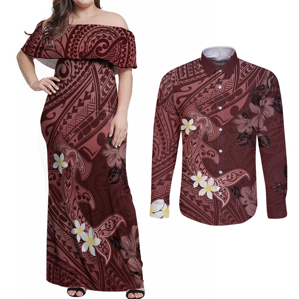 Polynesia Hammerhead Shark Couples Matching Off Shoulder Maxi Dress and Long Sleeve Button Shirt Tropical Flowers Tribal Pattern Oxblood