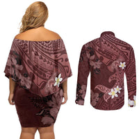 Polynesia Hammerhead Shark Couples Matching Off Shoulder Short Dress and Long Sleeve Button Shirt Tropical Flowers Tribal Pattern Oxblood