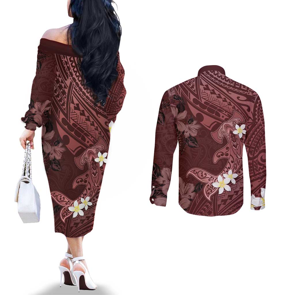 Polynesia Hammerhead Shark Couples Matching Off The Shoulder Long Sleeve Dress and Long Sleeve Button Shirt Tropical Flowers Tribal Pattern Oxblood