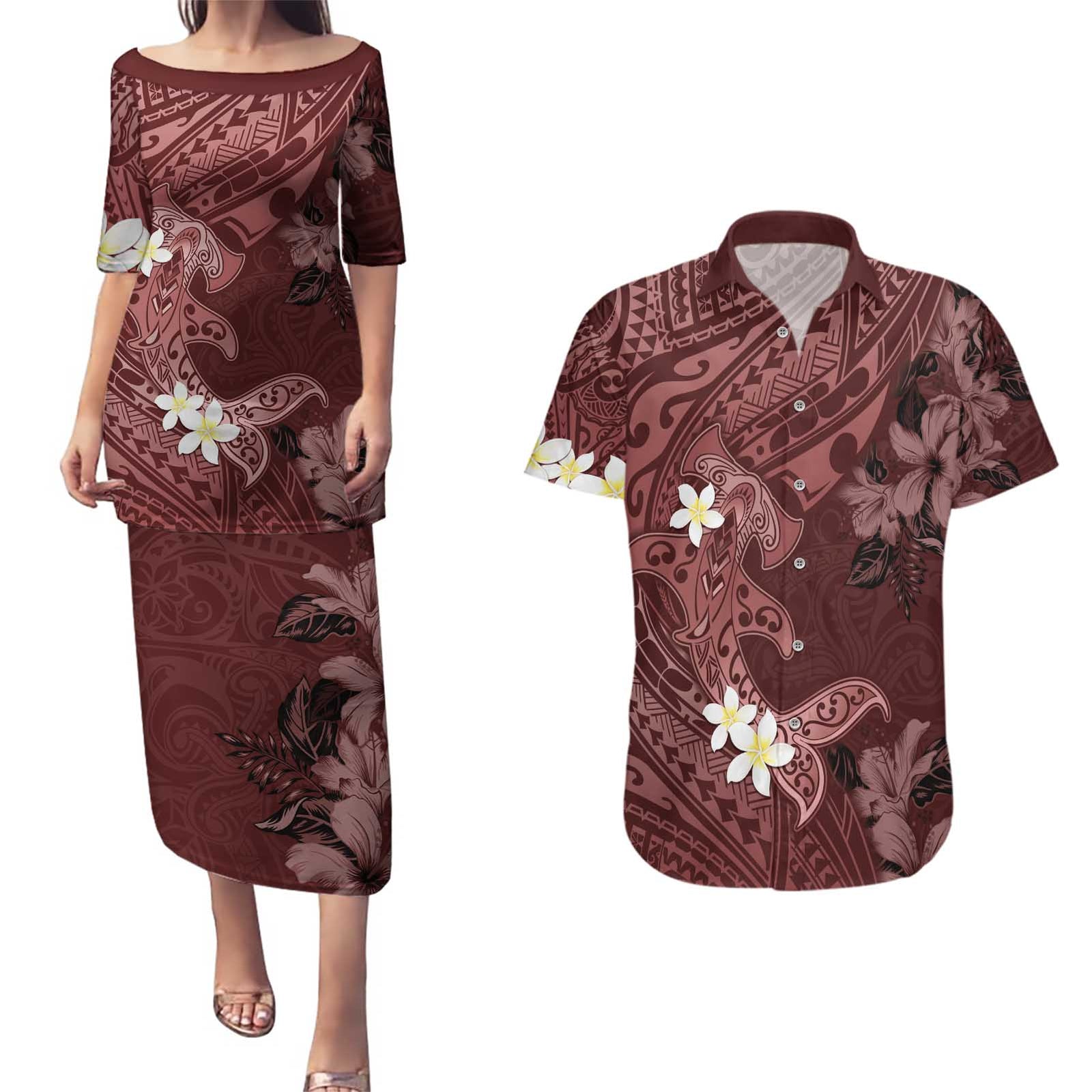 Polynesia Hammerhead Shark Couples Matching Puletasi and Hawaiian Shirt Tropical Flowers Tribal Pattern Oxblood