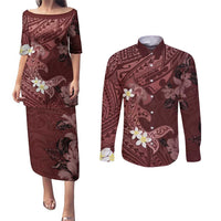 Polynesia Hammerhead Shark Couples Matching Puletasi and Long Sleeve Button Shirt Tropical Flowers Tribal Pattern Oxblood