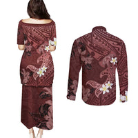 Polynesia Hammerhead Shark Couples Matching Puletasi and Long Sleeve Button Shirt Tropical Flowers Tribal Pattern Oxblood