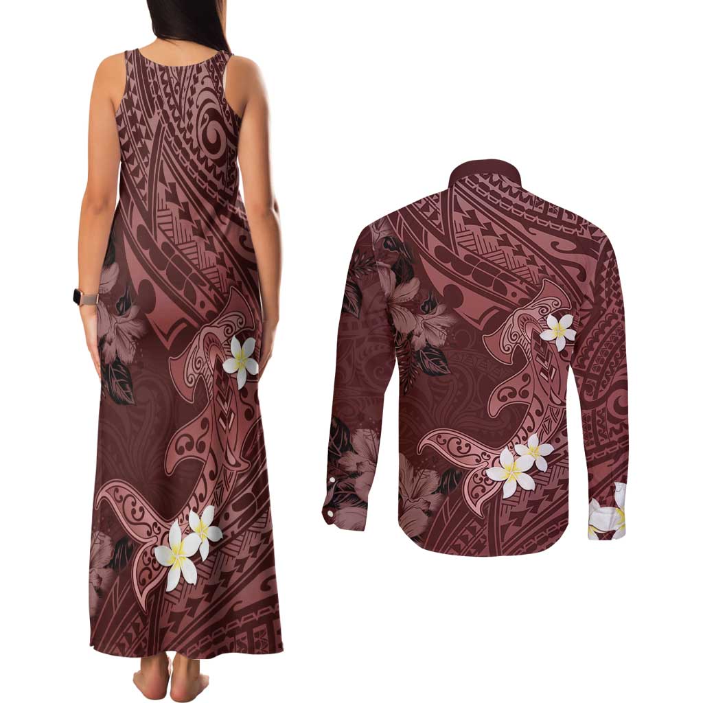 Polynesia Hammerhead Shark Couples Matching Tank Maxi Dress and Long Sleeve Button Shirt Tropical Flowers Tribal Pattern Oxblood