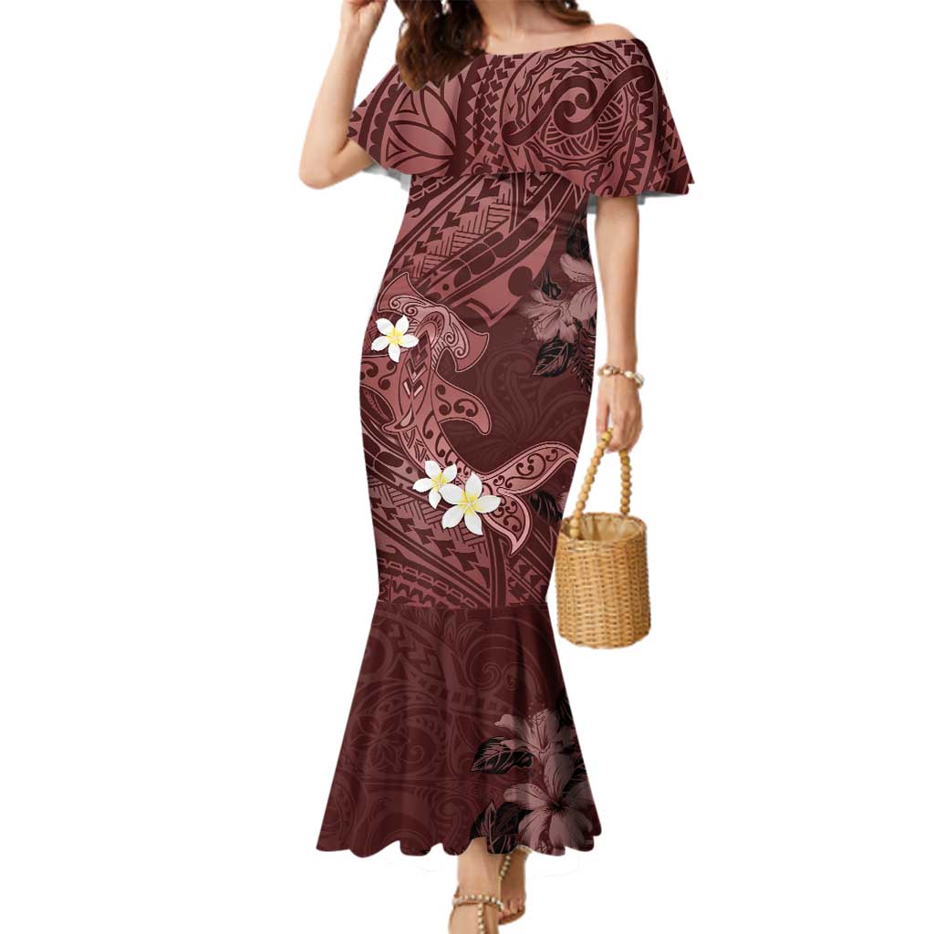 Polynesia Hammerhead Shark Family Matching Mermaid Dress and Hawaiian Shirt Tropical Flowers Tribal Pattern Oxblood