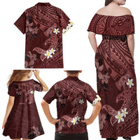 Polynesia Hammerhead Shark Family Matching Off Shoulder Maxi Dress and Hawaiian Shirt Tropical Flowers Tribal Pattern Oxblood
