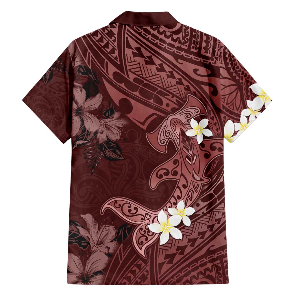 Polynesia Hammerhead Shark Family Matching Off Shoulder Maxi Dress and Hawaiian Shirt Tropical Flowers Tribal Pattern Oxblood