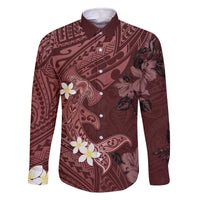 Polynesia Hammerhead Shark Family Matching Off Shoulder Short Dress and Hawaiian Shirt Tropical Flowers Tribal Pattern Oxblood