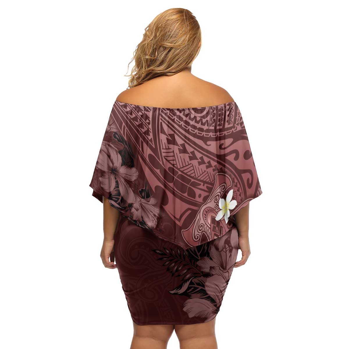 Polynesia Hammerhead Shark Family Matching Off Shoulder Short Dress and Hawaiian Shirt Tropical Flowers Tribal Pattern Oxblood