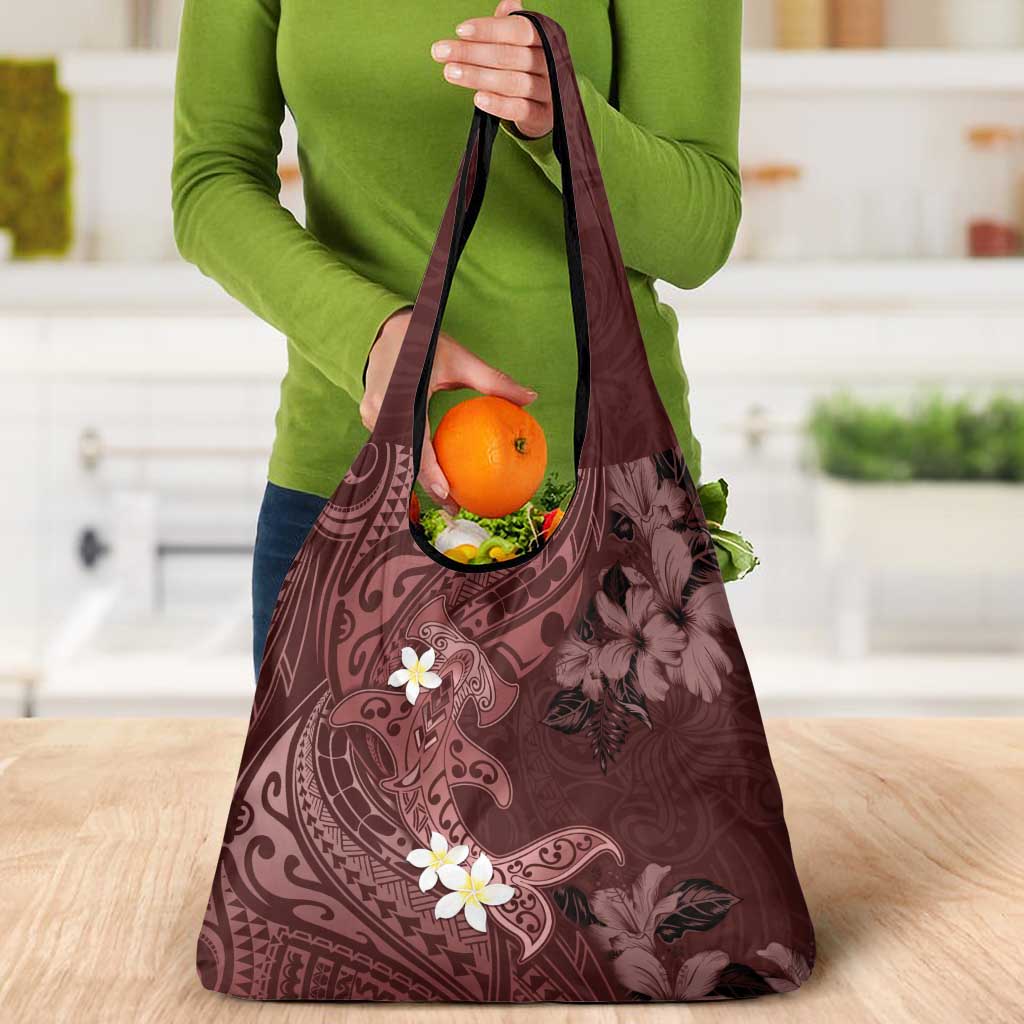 Polynesia Hammerhead Shark Grocery Bag Tropical Flowers Tribal Pattern Oxblood