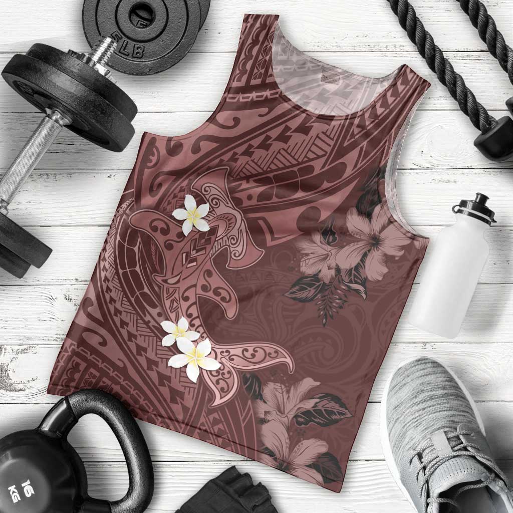 Polynesia Hammerhead Shark Men Tank Top Tropical Flowers Tribal Pattern Oxblood