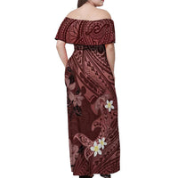 Polynesia Hammerhead Shark Off Shoulder Maxi Dress Tropical Flowers Tribal Pattern Oxblood