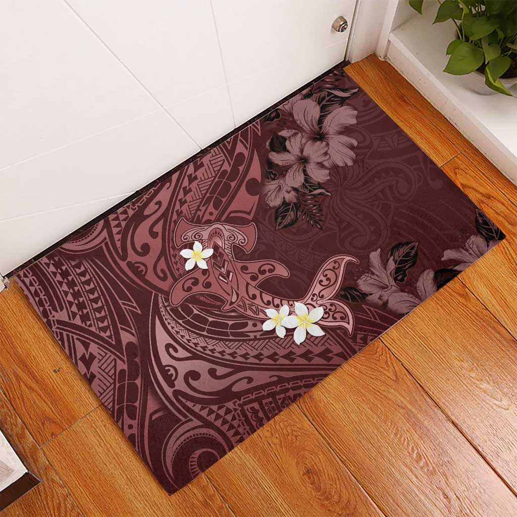 Polynesia Hammerhead Shark Rubber Doormat Tropical Flowers Tribal Pattern Oxblood