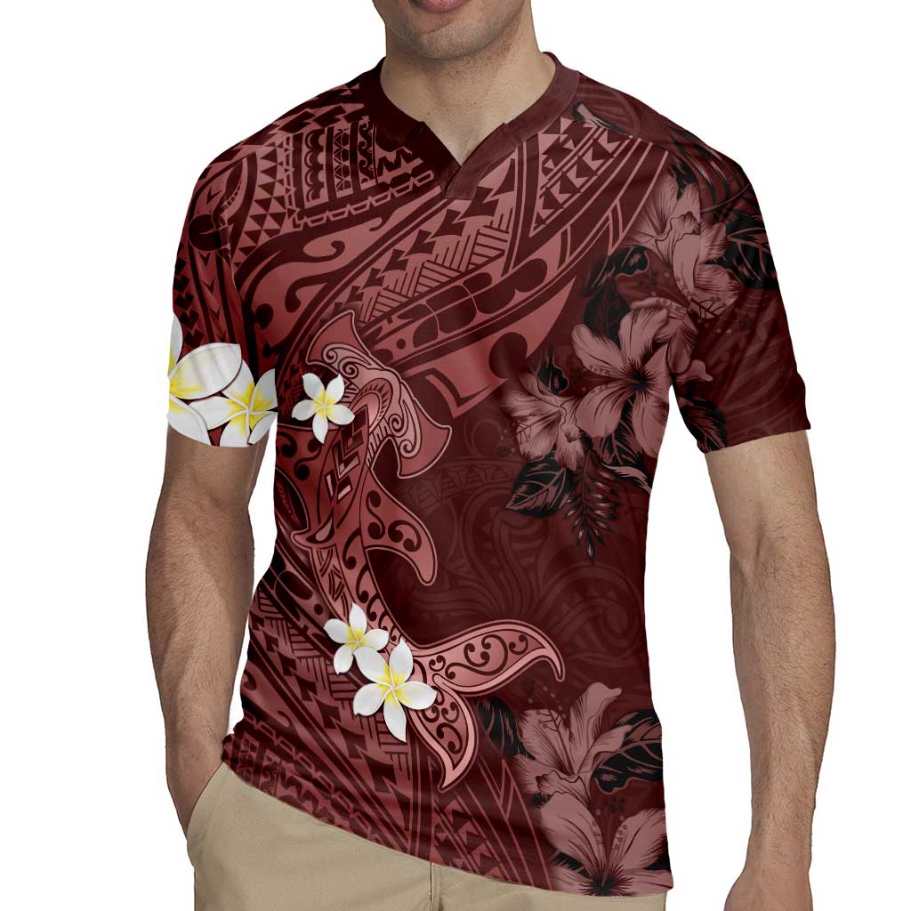 Polynesia Hammerhead Shark Rugby Jersey Tropical Flowers Tribal Pattern Oxblood