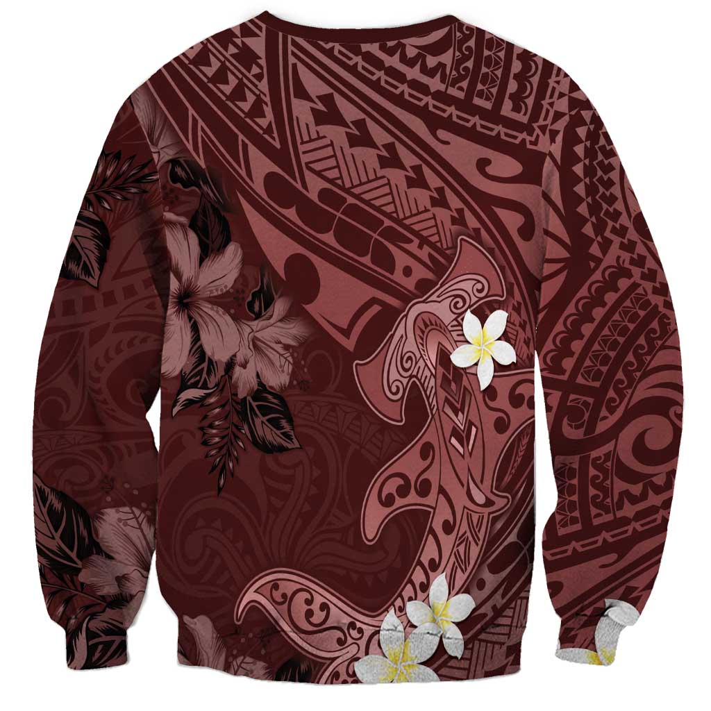 Polynesia Hammerhead Shark Sweatshirt Tropical Flowers Tribal Pattern Oxblood