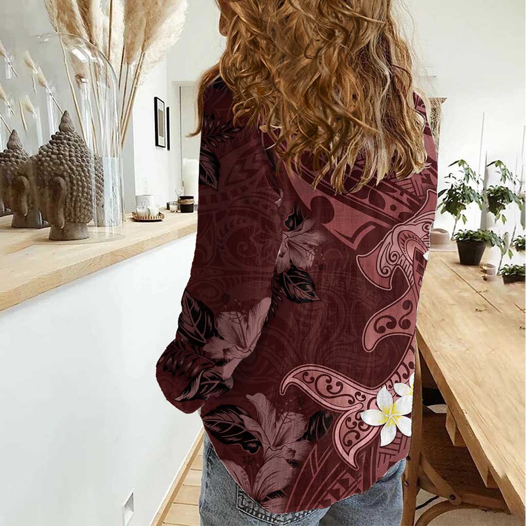 Polynesia Hammerhead Shark Women Casual Shirt Tropical Flowers Tribal Pattern Oxblood