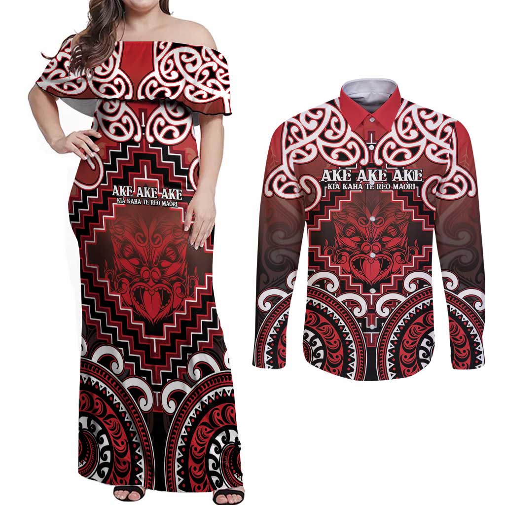 Personalised New Zealand Aotearoa Couples Matching Off Shoulder Maxi Dress and Long Sleeve Button Shirt Te Reo Maori Ake Ake Ake - Polynesian Pride