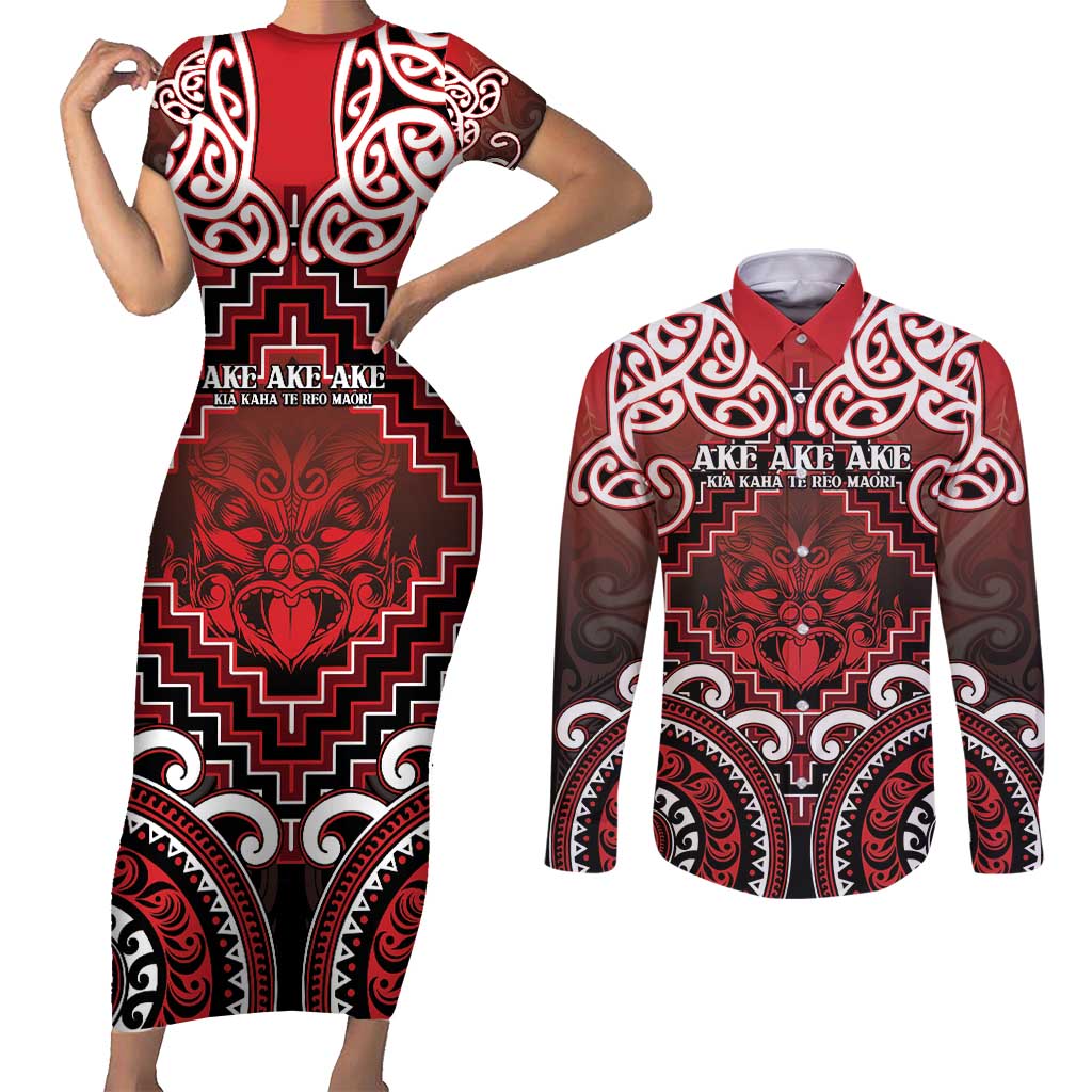 Personalised New Zealand Aotearoa Couples Matching Short Sleeve Bodycon Dress and Long Sleeve Button Shirt Te Reo Maori Ake Ake Ake - Polynesian Pride